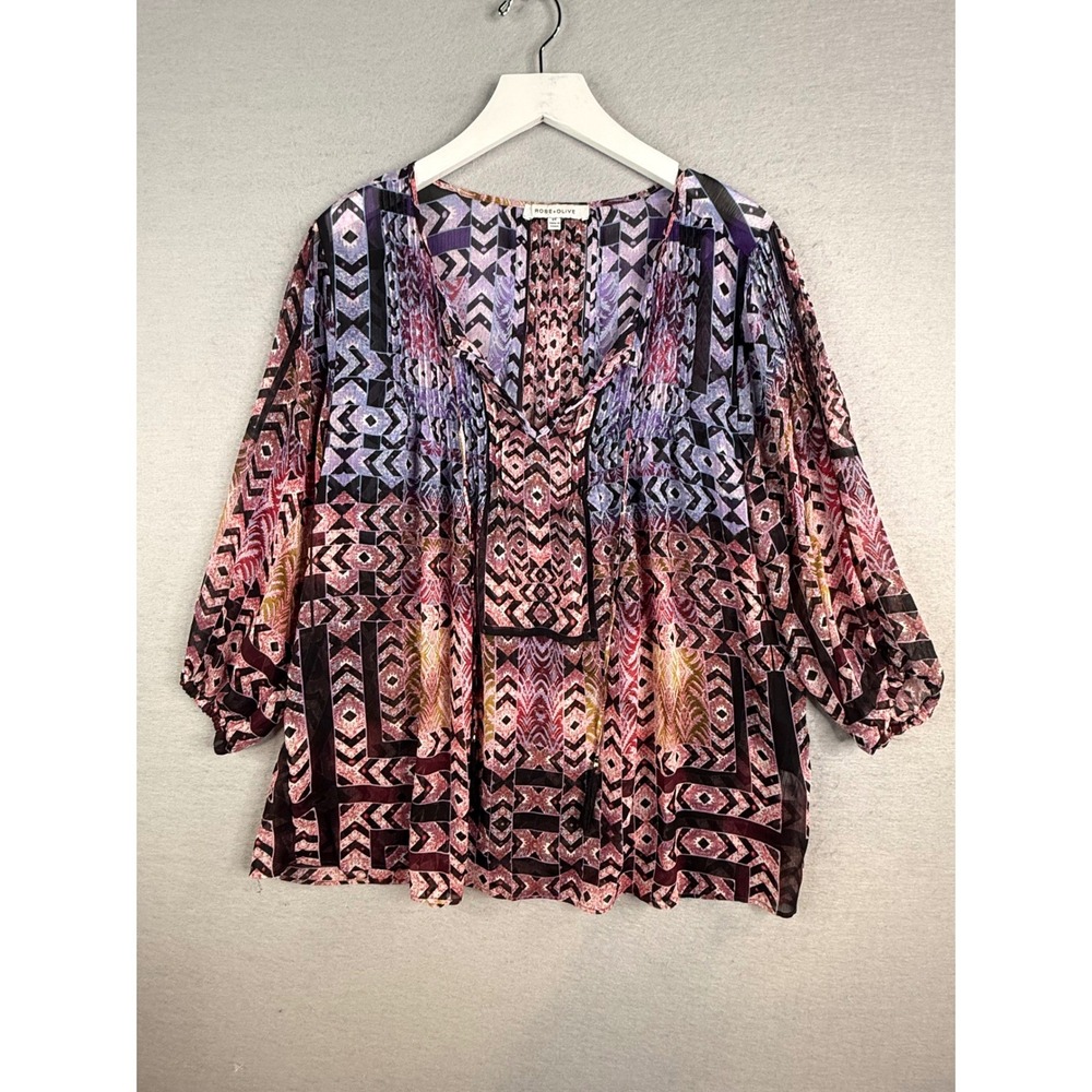 Rose + Olive Blouse Womens 2X Multicolor Geometric Boho‎ Chiffon Tassel Top